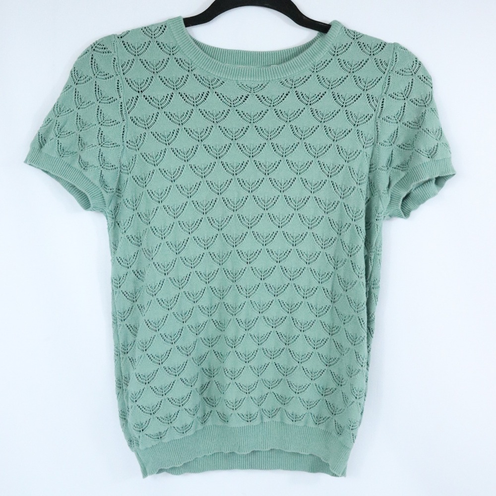 ModCloth Green Pointelle Cotton Knit Short Sleeve Sweater Scalloped Size Small